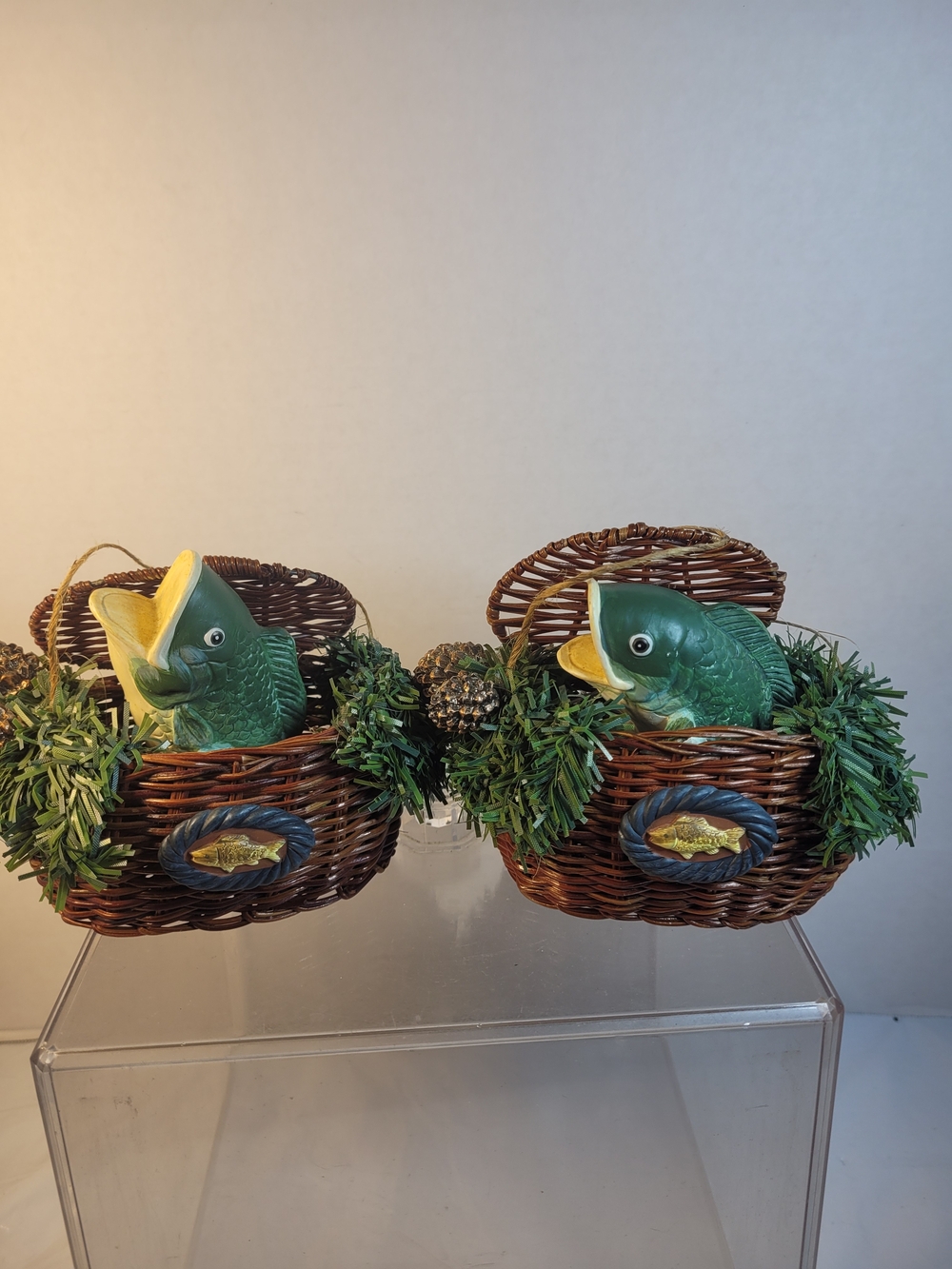 Set Of 2 Large Mouth Bass In A Wicker Basket Christmas Ornaments (U)